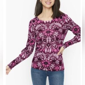 Talbots Pure Merino Wool Pink & Purple Floral Long Sleeve Sweater MP